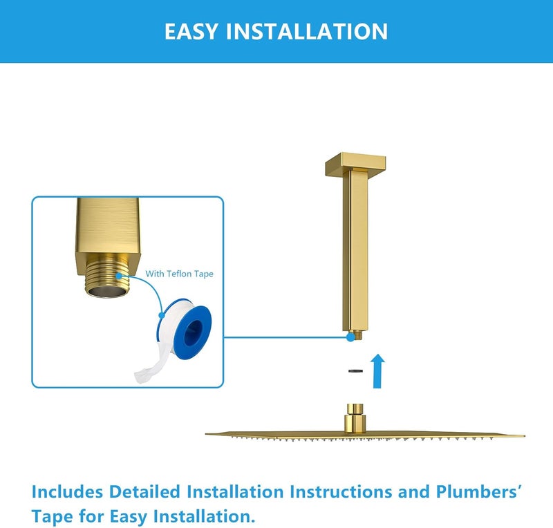 Lordear Shower Arm 6 Inch Gold Ceiling Mount Shower Arm and Flange,6”Shower Head Extension Arm Design for Rainfall Showerhead,Square - Image 3